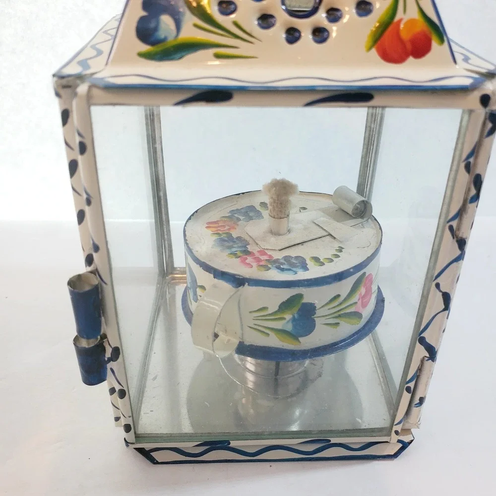 Vintage Primitive Folk Art Tin & Glass Hand Painted Floral Oil Lantern Portugal